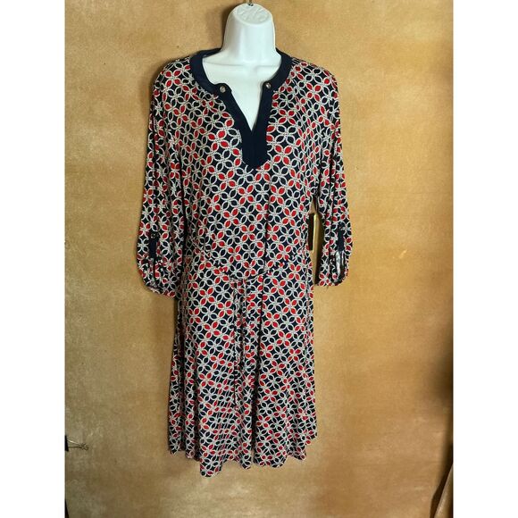 Dresses & Skirts - Per Sption Concept Navy Red White Geometric Print V Neck Midi Dress Women L